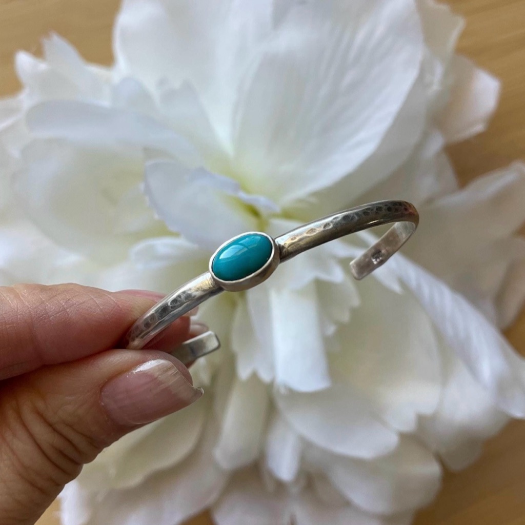 Sterling Silver & Blue Moon Turquoise Stone Bracelet~Cuff~Slightly Adjustable